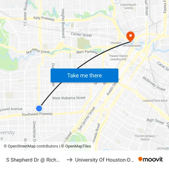 S Shepherd Dr @ Richmond Ave to University Of Houston-Downtown map