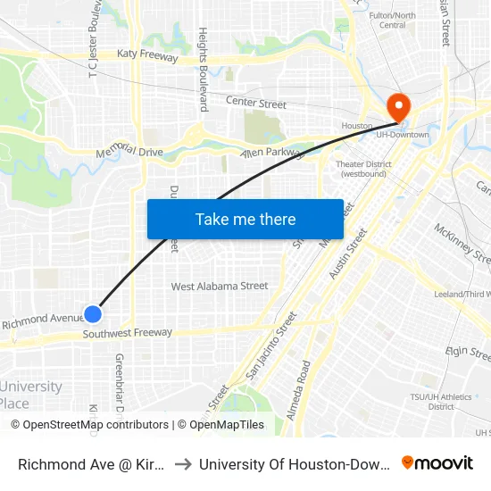 Richmond Ave @ Kirby Dr to University Of Houston-Downtown map