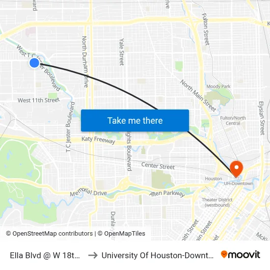 Ella Blvd @ W 18th St to University Of Houston-Downtown map