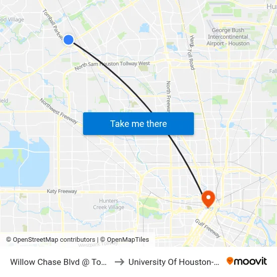 Willow Chase Blvd @ Tomball Pkwy to University Of Houston-Downtown map