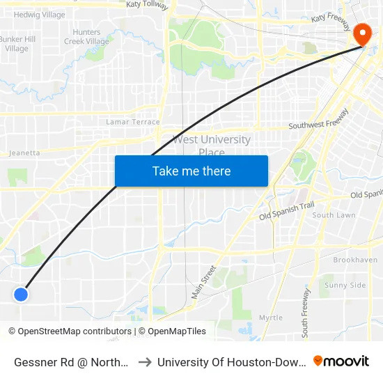 Gessner Rd @ Northern St to University Of Houston-Downtown map