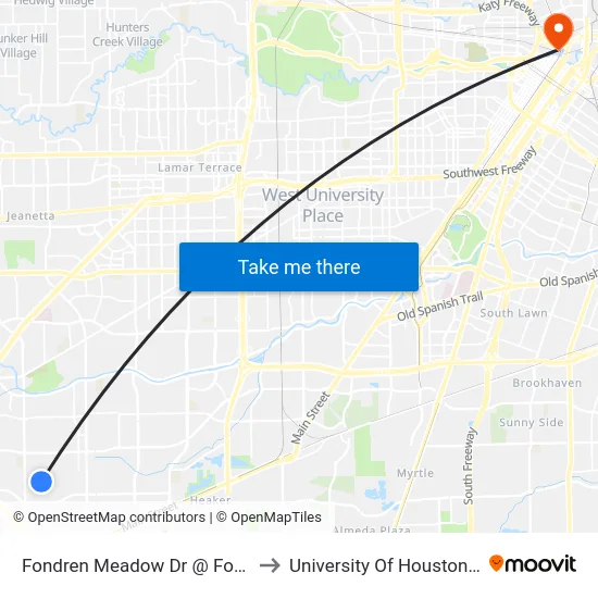 Fondren Meadow Dr @ Fondren Lake Dr to University Of Houston-Downtown map