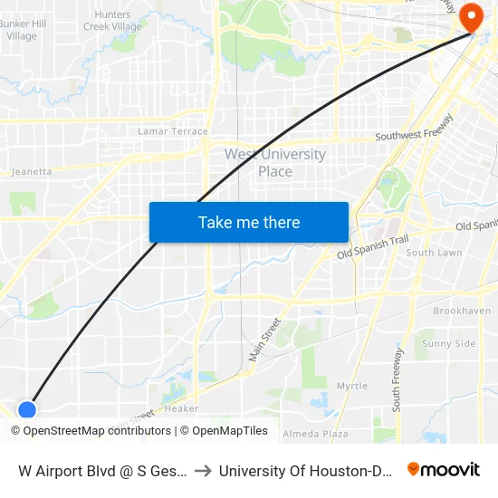 W Airport Blvd @ S Gessner Rd to University Of Houston-Downtown map