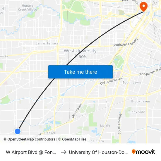 W Airport Blvd @ Fondren Rd to University Of Houston-Downtown map