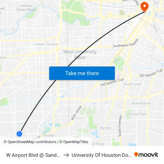 W Airport Blvd @ Sandpiper Dr to University Of Houston-Downtown map