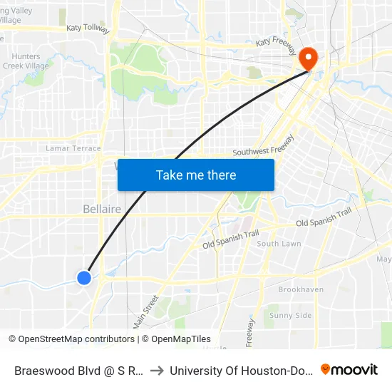 Braeswood Blvd @ S Rice Ave to University Of Houston-Downtown map