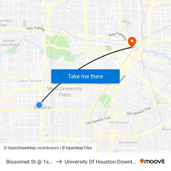 Bissonnet St @ 1st St to University Of Houston-Downtown map