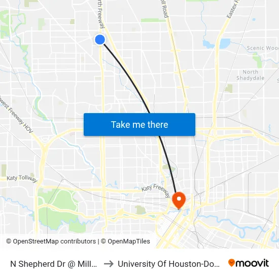N Shepherd Dr @ Millville Dr to University Of Houston-Downtown map