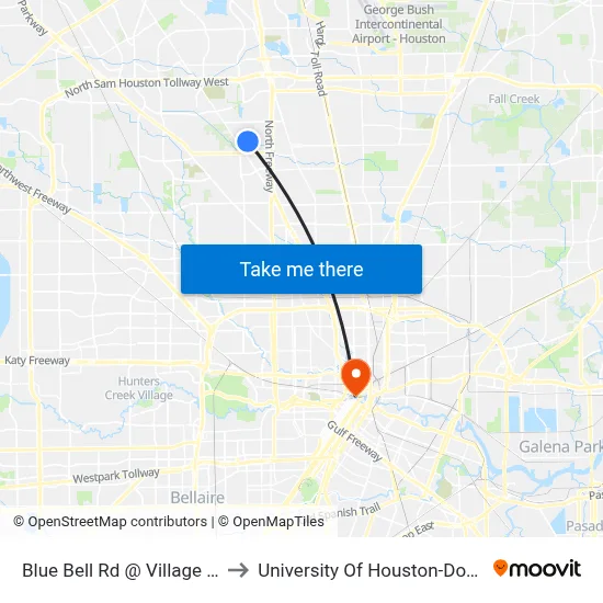 Blue Bell Rd @ Village Bell Dr to University Of Houston-Downtown map