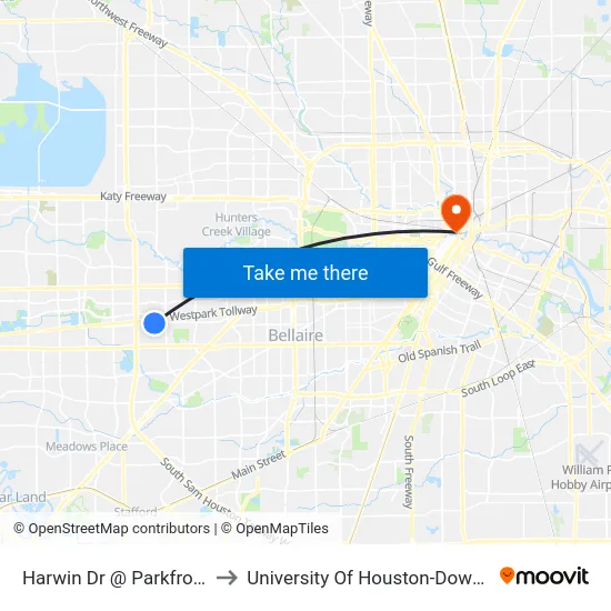 Harwin Dr @ Parkfront Dr to University Of Houston-Downtown map