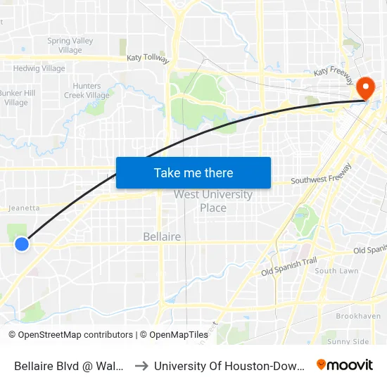 Bellaire Blvd @ Waldo St to University Of Houston-Downtown map
