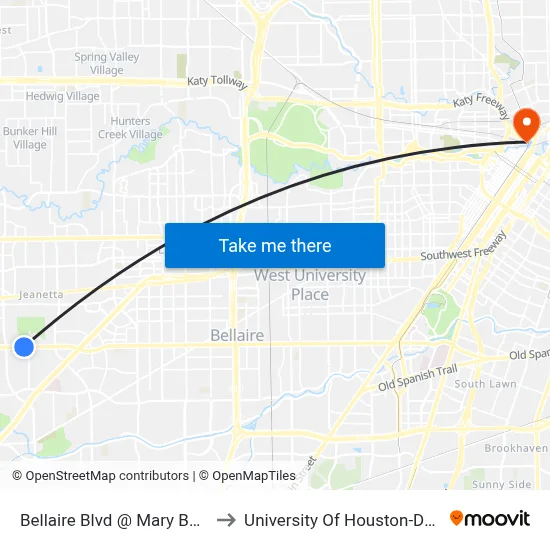 Bellaire Blvd @ Mary Bates Blvd to University Of Houston-Downtown map