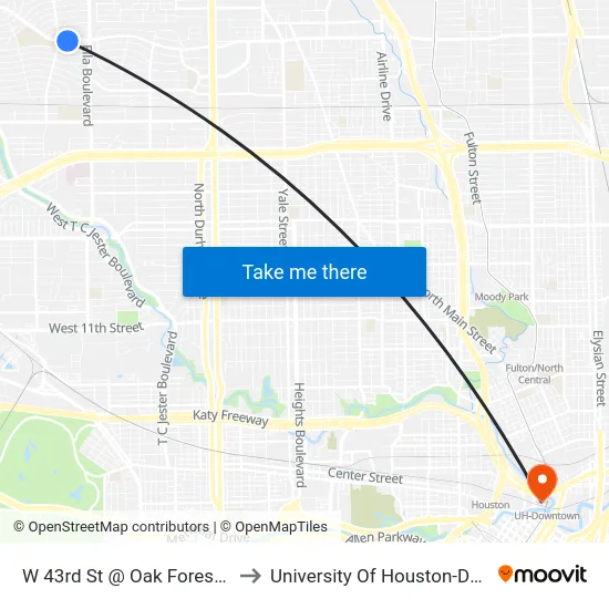 W 43rd St @ Oak Forest Dr Mb1 to University Of Houston-Downtown map