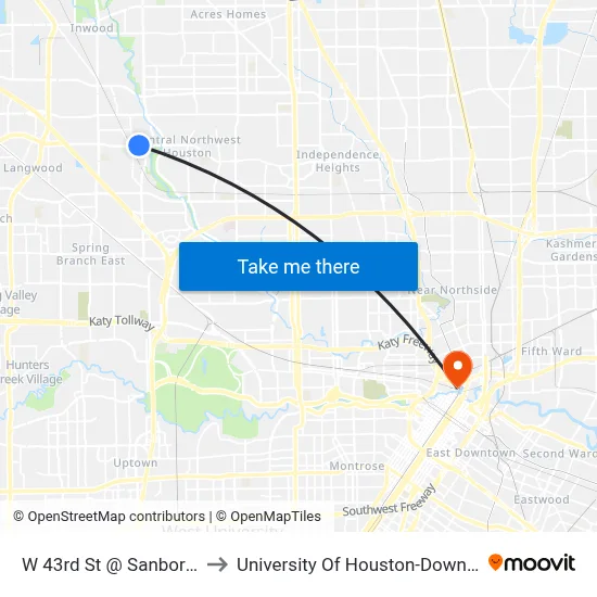W 43rd St @ Sanborn Dr to University Of Houston-Downtown map