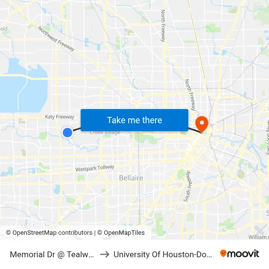Memorial Dr @ Tealwood Dr to University Of Houston-Downtown map