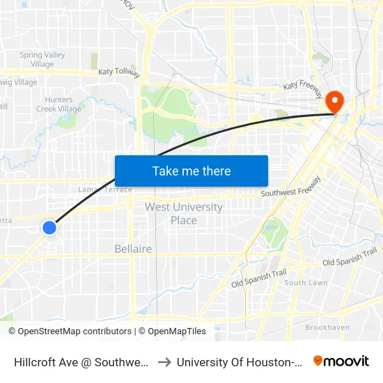 Hillcroft Ave @ Southwest Freeway to University Of Houston-Downtown map