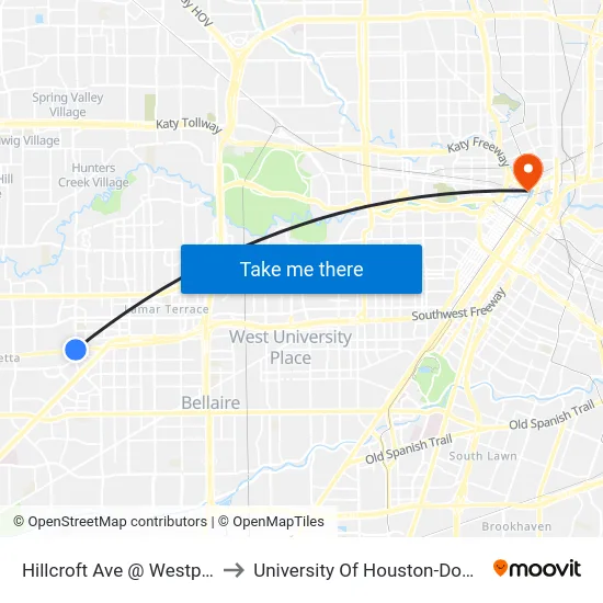 Hillcroft Ave @ Westpark Dr to University Of Houston-Downtown map