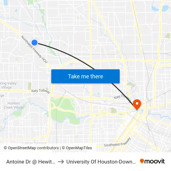 Antoine Dr @ Hewitt Dr to University Of Houston-Downtown map