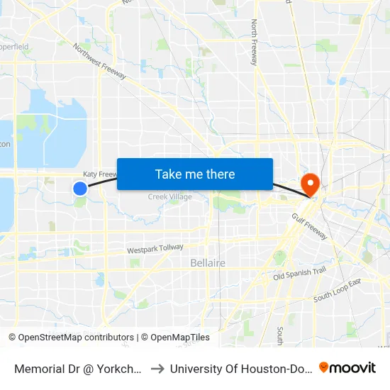 Memorial Dr @ Yorkchester Dr to University Of Houston-Downtown map