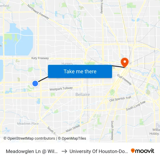 Meadowglen Ln @ Wilcrest Dr to University Of Houston-Downtown map