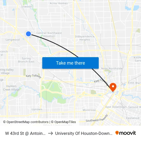 W 43rd St @ Antoine Dr to University Of Houston-Downtown map