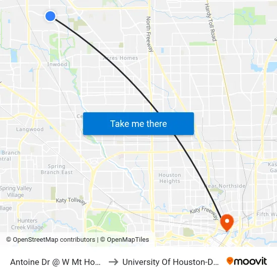 Antoine Dr @ W Mt Houston Rd to University Of Houston-Downtown map