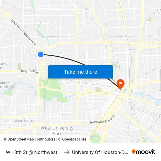 W 18th St @ Northwest Freeway to University Of Houston-Downtown map