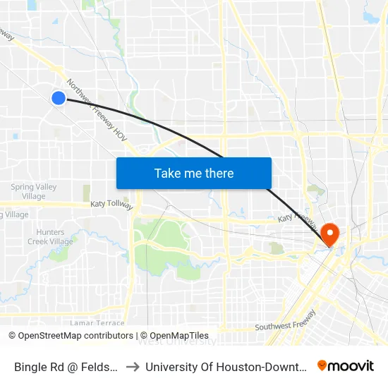 Bingle Rd @ Feldspar to University Of Houston-Downtown map