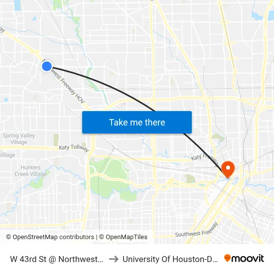 W 43rd St @ Northwest Freeway to University Of Houston-Downtown map