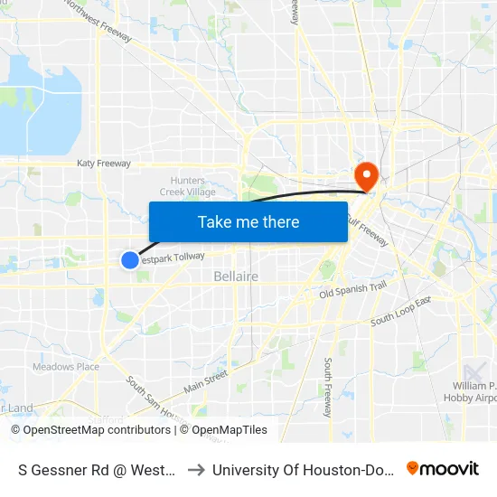 S Gessner Rd @ Westpark Dr to University Of Houston-Downtown map