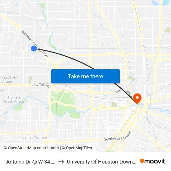 Antoine Dr @ W 34th St to University Of Houston-Downtown map
