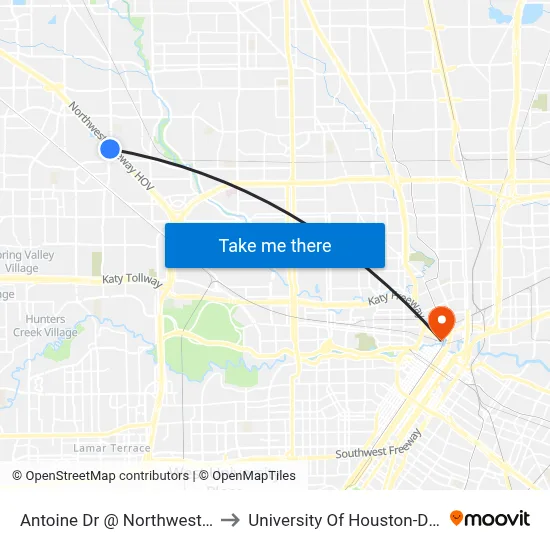 Antoine Dr @ Northwest Freeway to University Of Houston-Downtown map