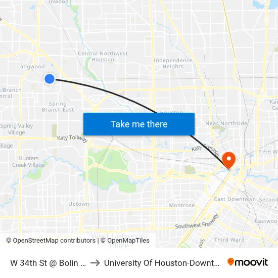 W 34th St @ Bolin Rd to University Of Houston-Downtown map