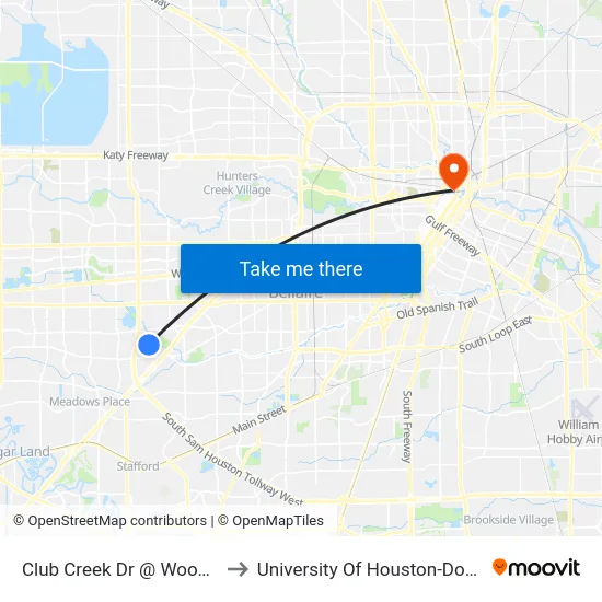 Club Creek Dr @ Woodfair Dr to University Of Houston-Downtown map