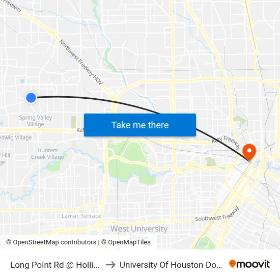 Long Point Rd @ Hollister Rd to University Of Houston-Downtown map