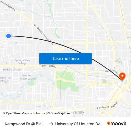 Kempwood Dr @ Blalock Rd to University Of Houston-Downtown map