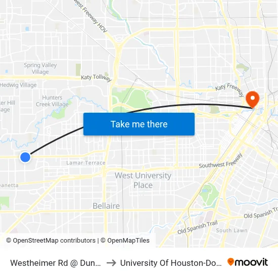 Westheimer Rd @ Dunvale Rd to University Of Houston-Downtown map