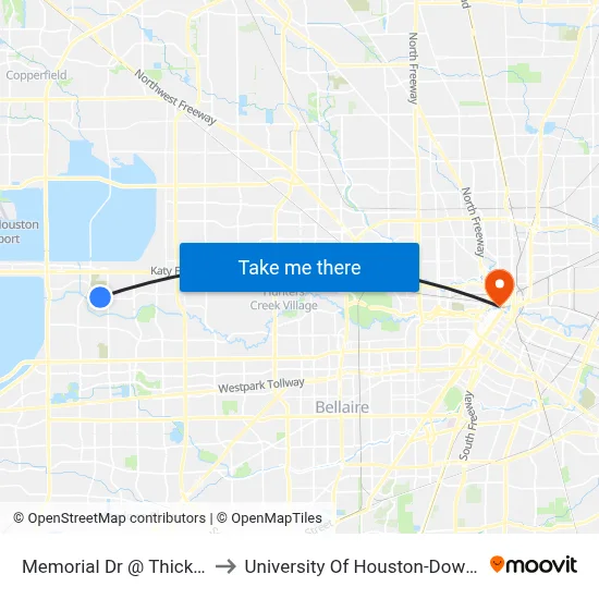 Memorial Dr @ Thicket Ln to University Of Houston-Downtown map