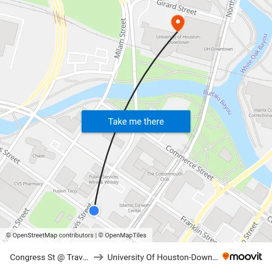 Congress St @ Travis St to University Of Houston-Downtown map