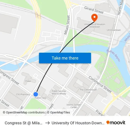 Congress St @ Milam St to University Of Houston-Downtown map
