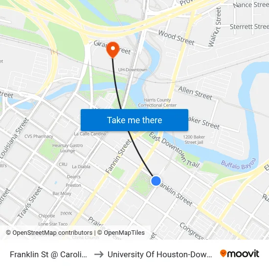 Franklin St @ Caroline St to University Of Houston-Downtown map