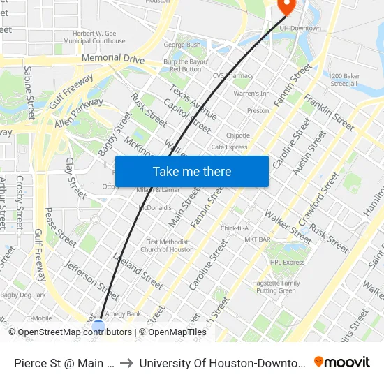 Pierce St @ Main St to University Of Houston-Downtown map