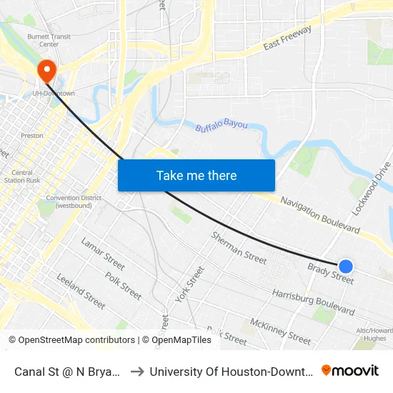 Canal St @ N Bryan St to University Of Houston-Downtown map