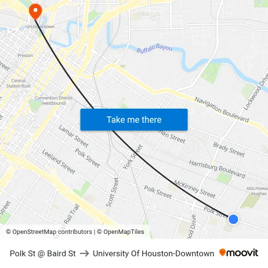 Polk St @ Baird St to University Of Houston-Downtown map