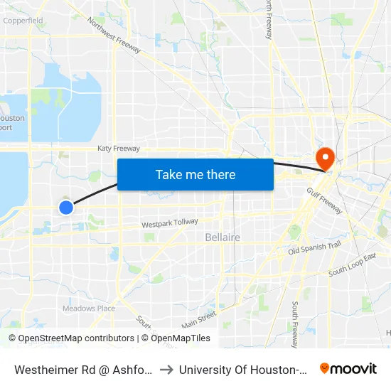 Westheimer Rd @ Ashford Park Dr to University Of Houston-Downtown map