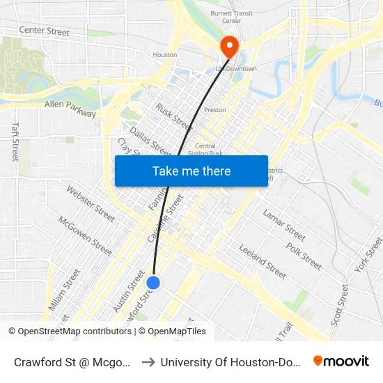 Crawford St @ Mcgowen St to University Of Houston-Downtown map