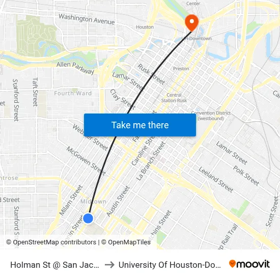 Holman St @ San Jacinto St to University Of Houston-Downtown map