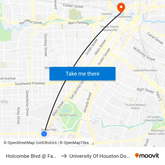 Holcombe Blvd @ Fannin St to University Of Houston-Downtown map
