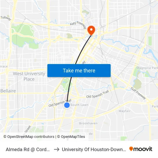 Almeda Rd @ Corder St to University Of Houston-Downtown map