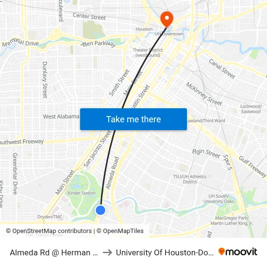 Almeda Rd @ Herman Park Ct to University Of Houston-Downtown map